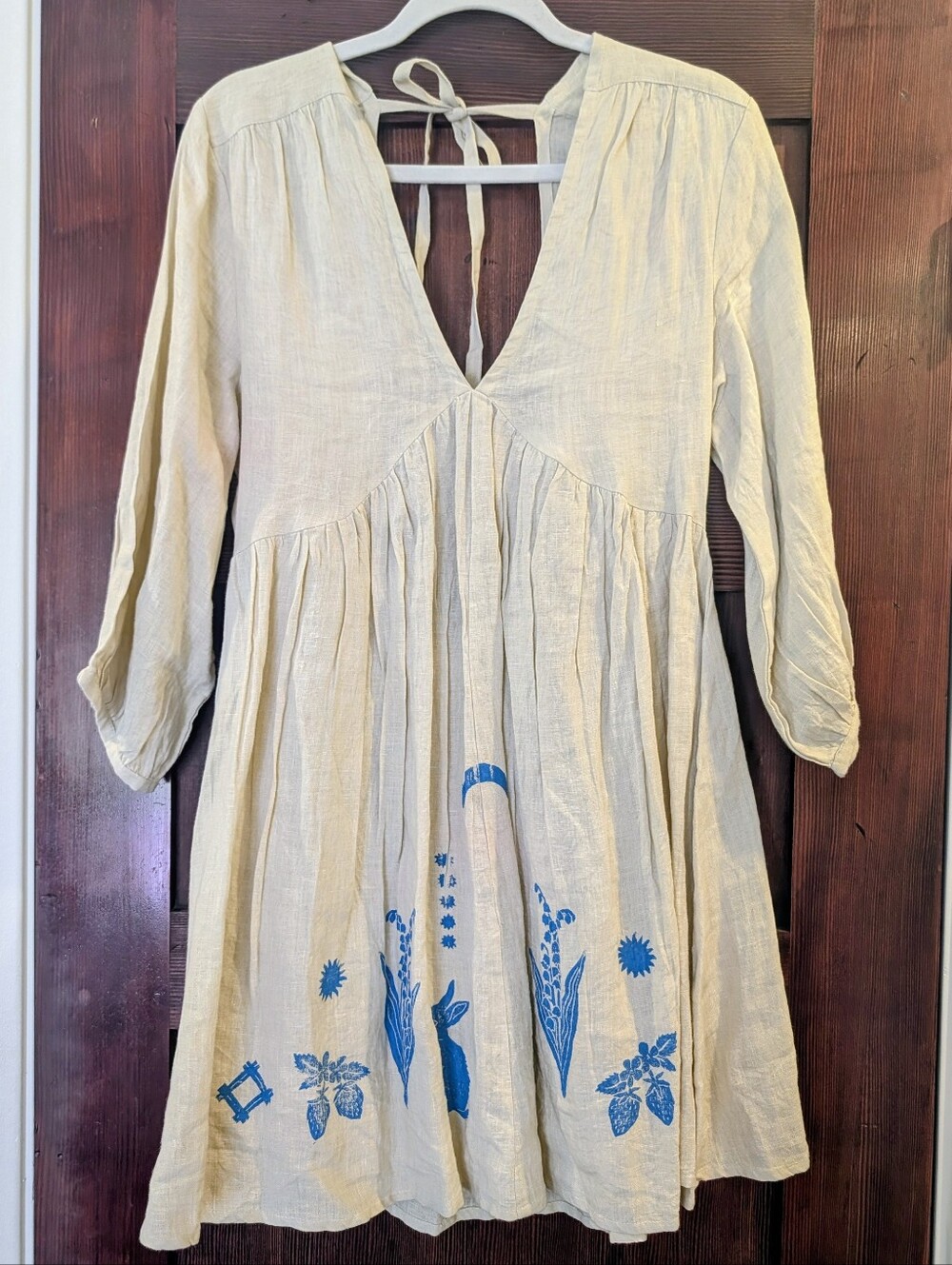 Small 100% Linen Sister Nettle Block Print Dress Blue Rabbits Moon Magical